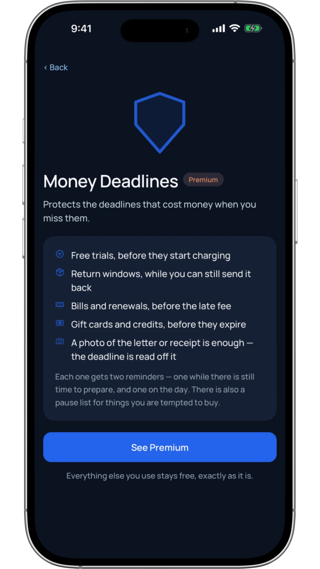 The Money Deadlines screen on an iPhone: what it protects — free trials, return windows, bills, gift cards, and deadlines read from a photo — with a See Premium button.