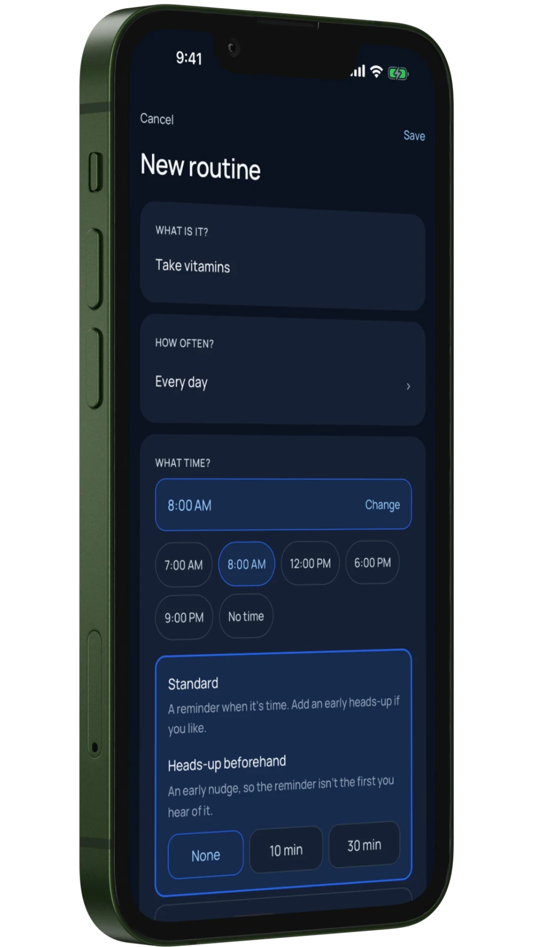 Creating a routine on an iPhone: Take vitamins, every day at 8:00 AM, with a standard reminder.